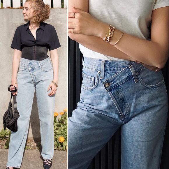 AGOLDE Criss Cross Light Wash Button Fly Jeans Suburbia Blue Asymmetric Size 25 - Picture 1 of 9